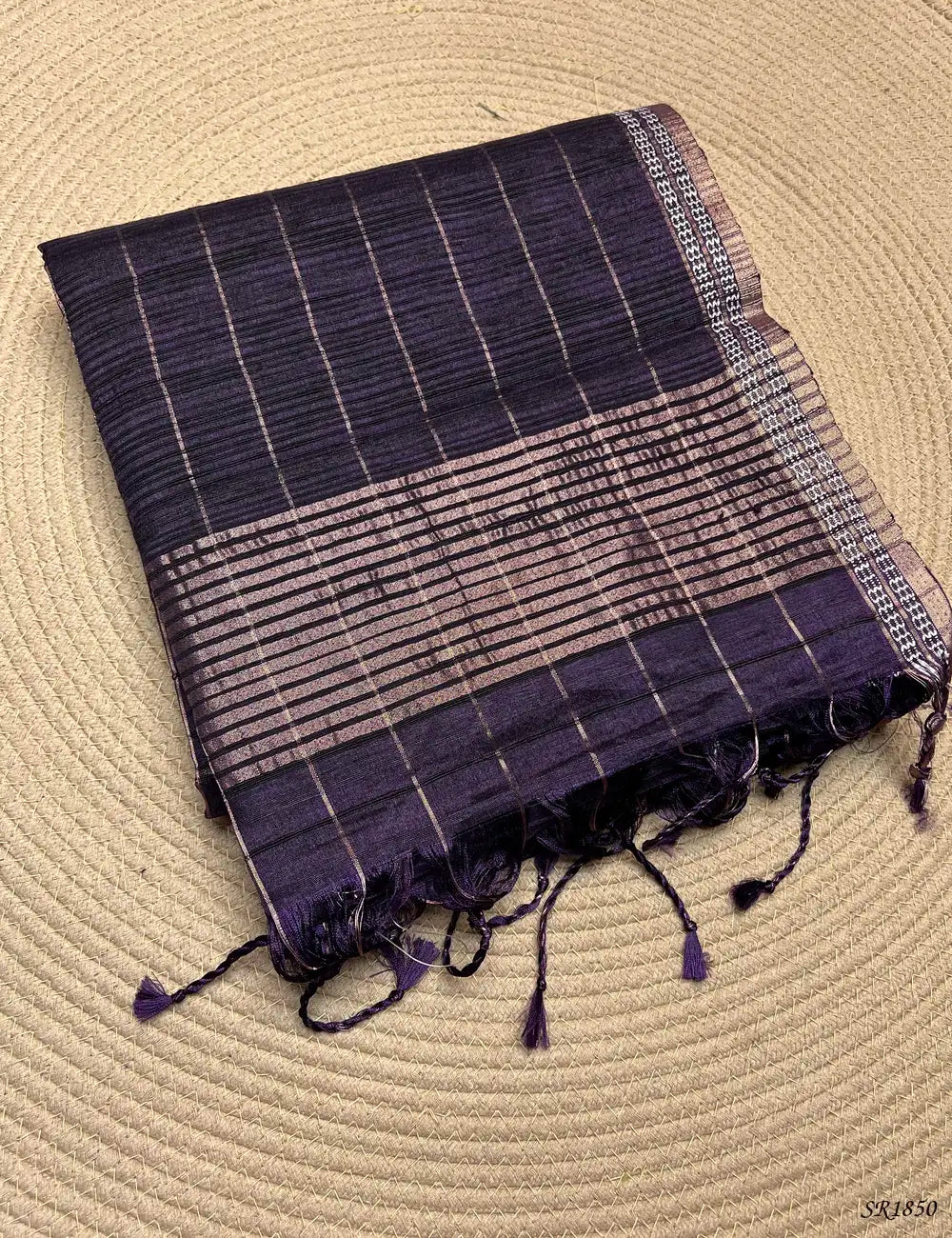 Purple - Checks Tussar Silk Saree Front View