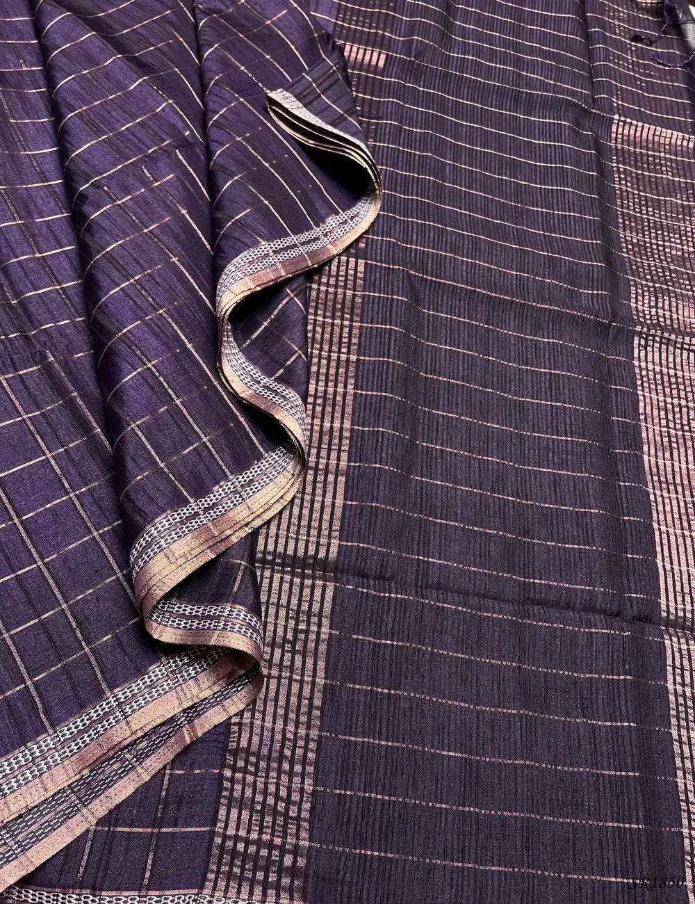 Purple - Checks Tussar Silk Saree Pallu View