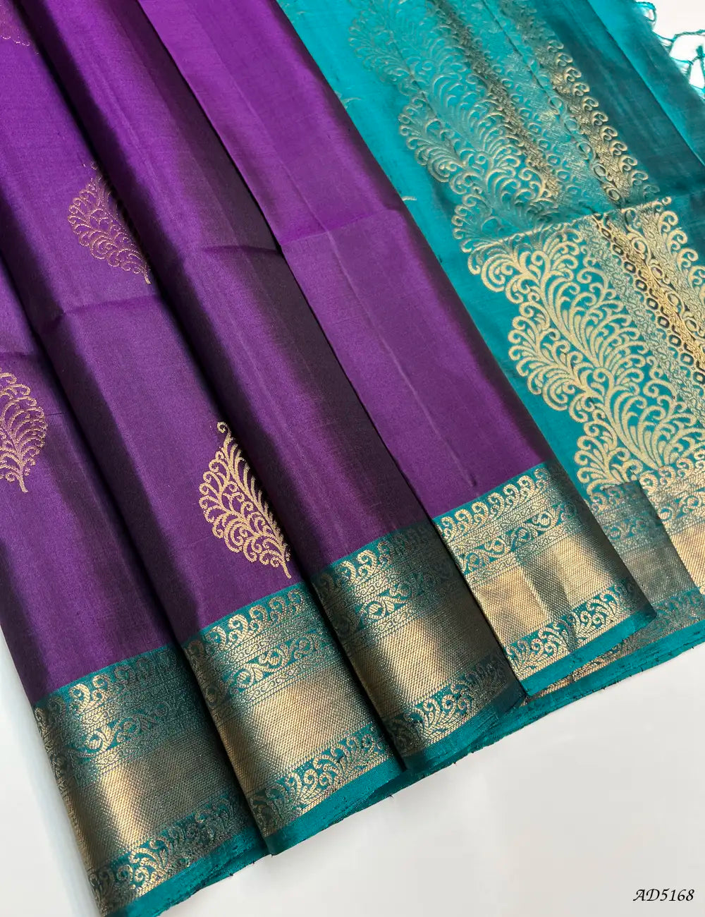 Purple & Emeraled Green - Kanchi Border Soft Silk Saree Front View
