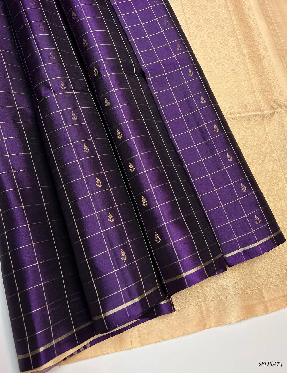 Purple & Half White - Checkerd Soft Silk Saree Front View