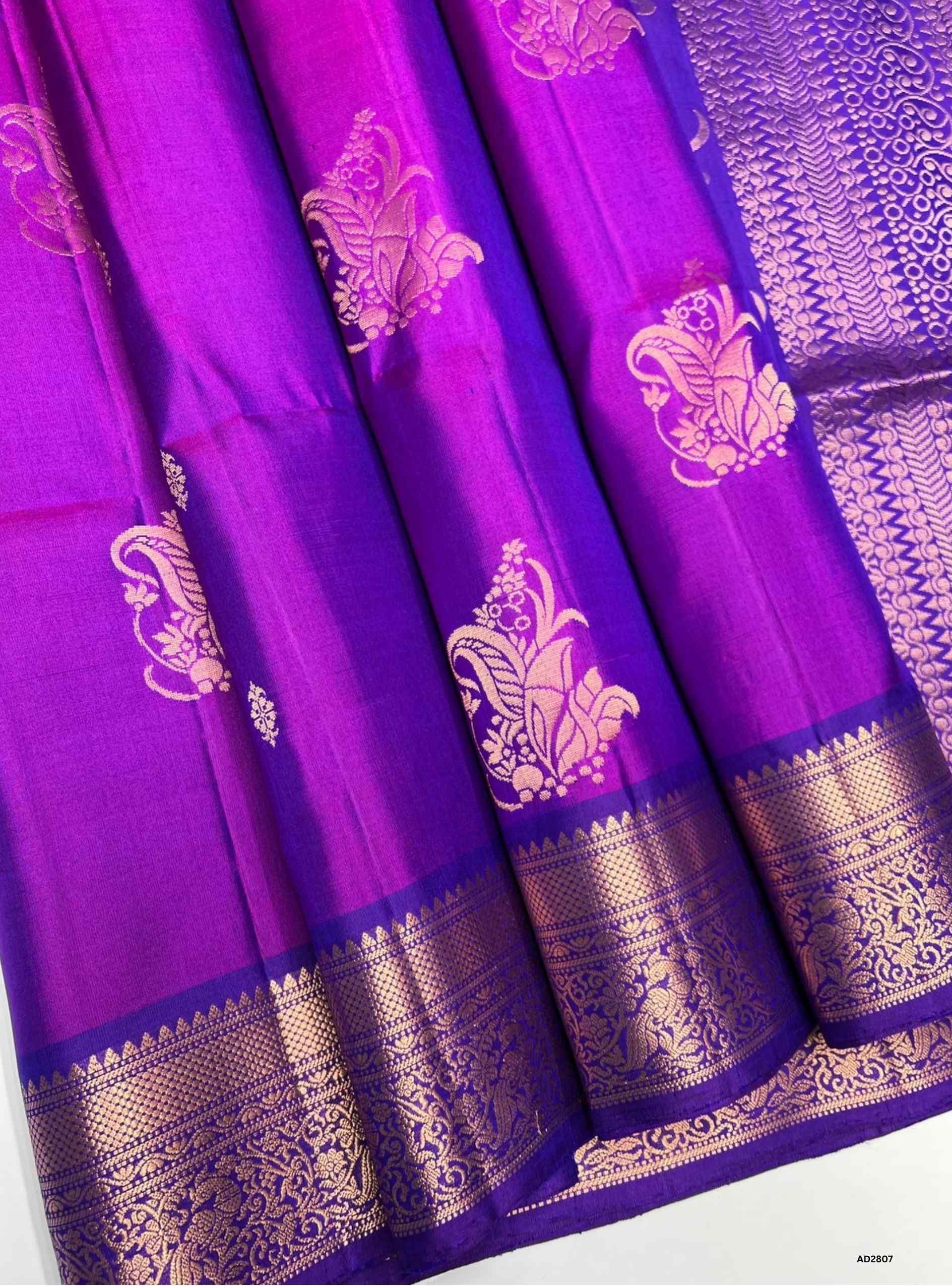 Soft Silk Saree in Purple body with Jacquard border design, Half Fine Gold Zari, Ikat handwoven motifs, 6.25m length including blouse.
