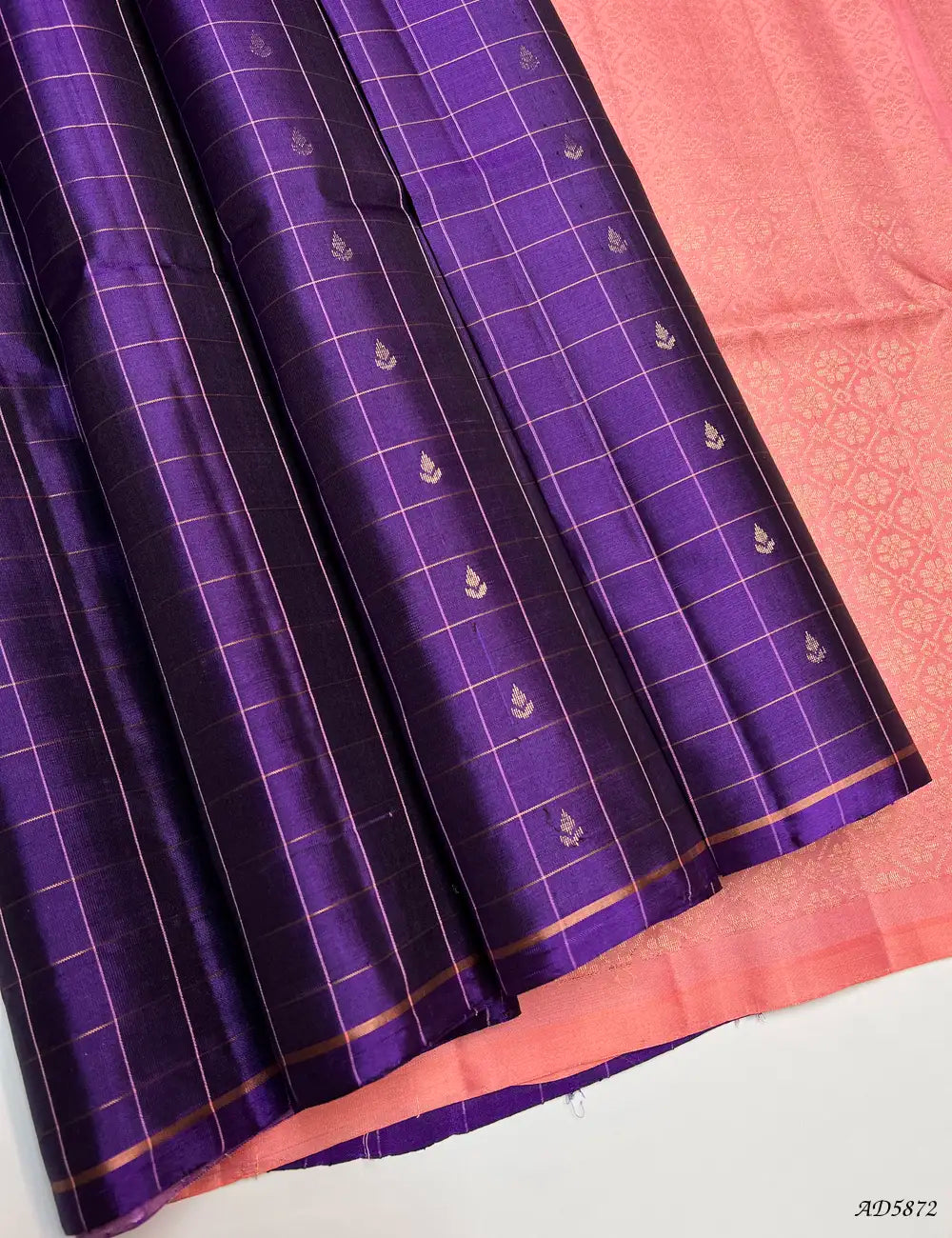 Purple & Peach - Checkerd Soft Silk Saree Front View