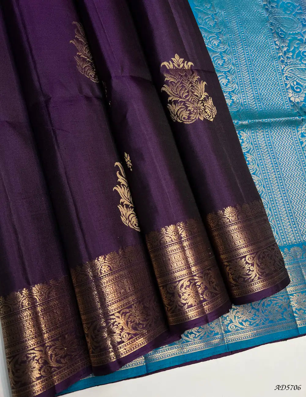 Purple & Peacock Blue - Kanchi Border Soft Silk Saree Front View