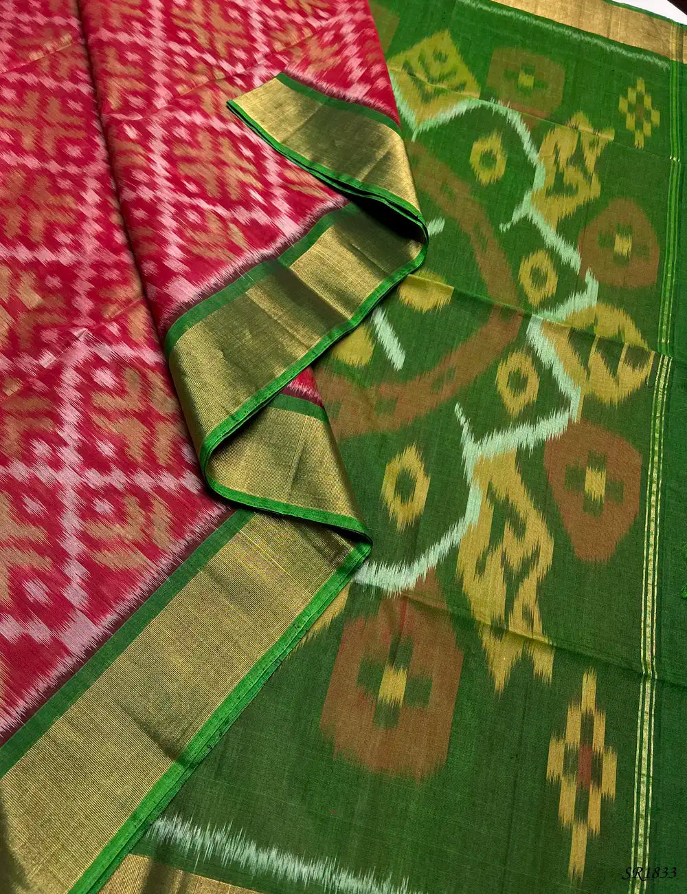 Raddish Red & Green - Ikkat Kora Cotton Pallu View