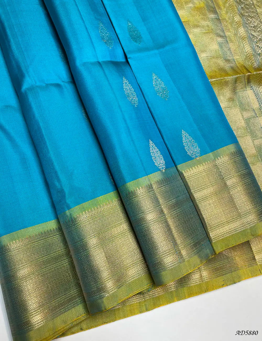 Rama Blue & Lime Yellow - Kanchi Border Soft Silk Saree Front View