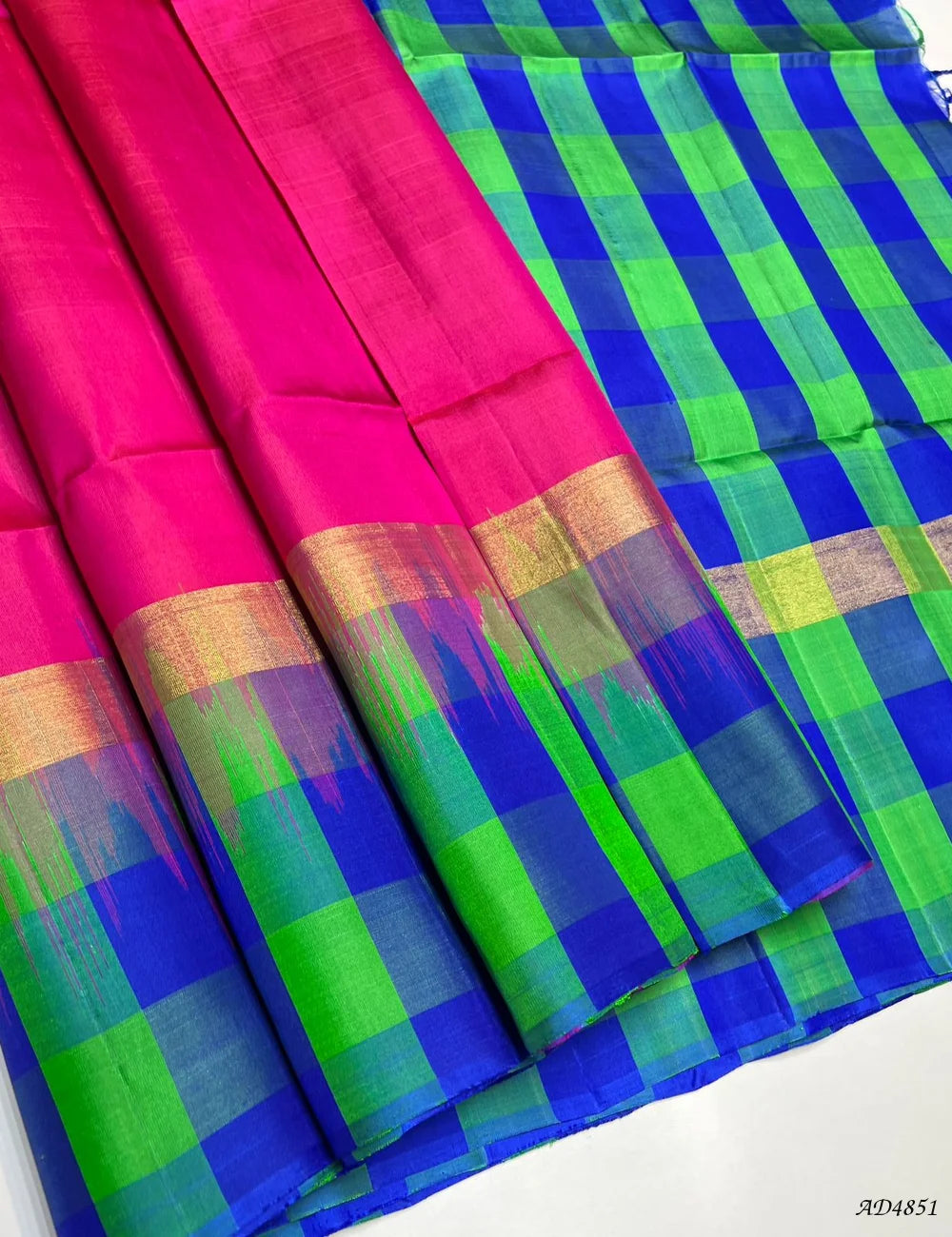Rani Pink , Blue & Green - Pazhum Pazhamum Soft Silk Saree Front View