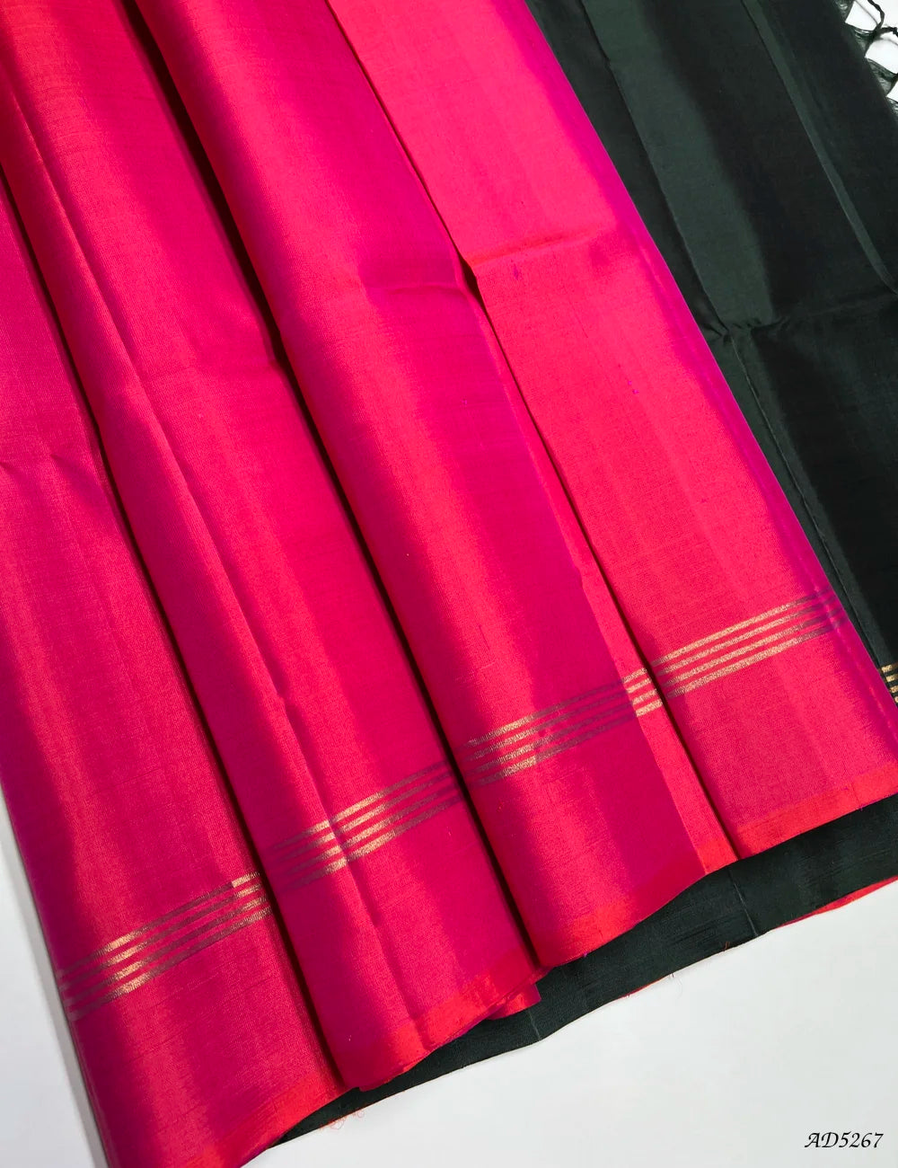 Rani Pink & Dark Green - Contrast Plain Soft Silk Saree Front View
