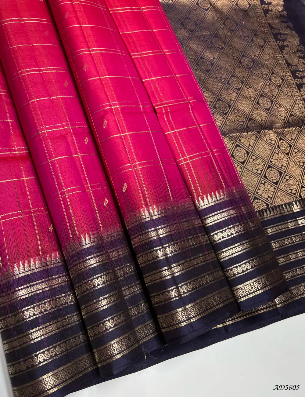 Rani Pink & In k Blue - Checkerd X Kanchi Border Soft Silk Saree Front View