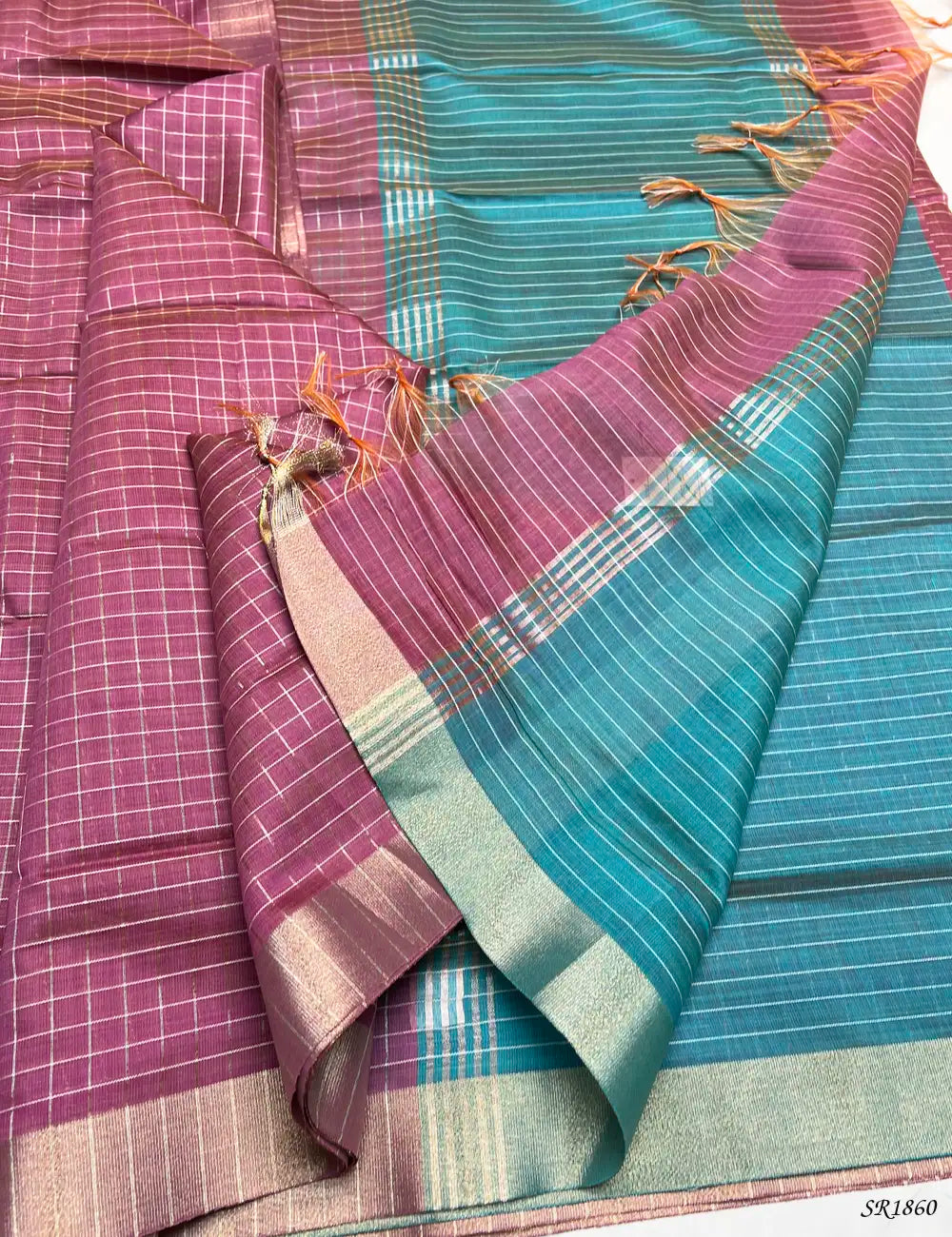 Rassberry & Aqua Blue - Fancy Semi Tussar Saree Pallu View
