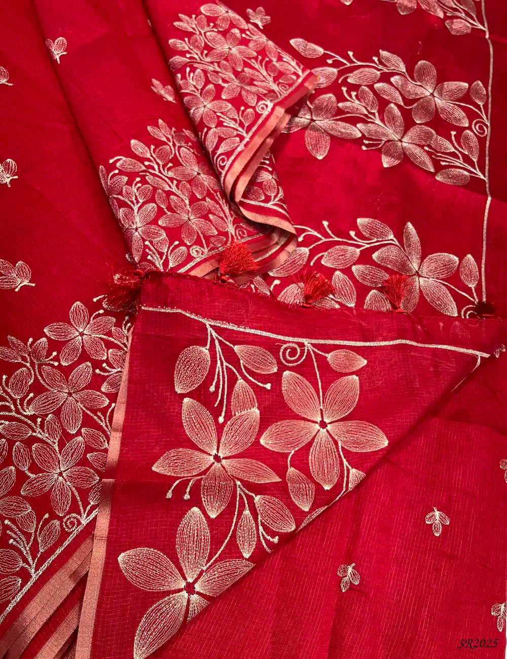 Red - Kota With Embroidery Saree -