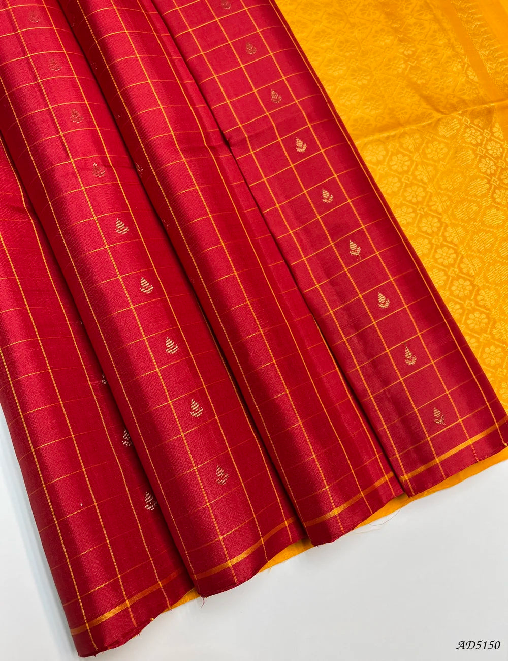 Red & Mango Yellow  - Checkerd Soft Silk Saree Front View