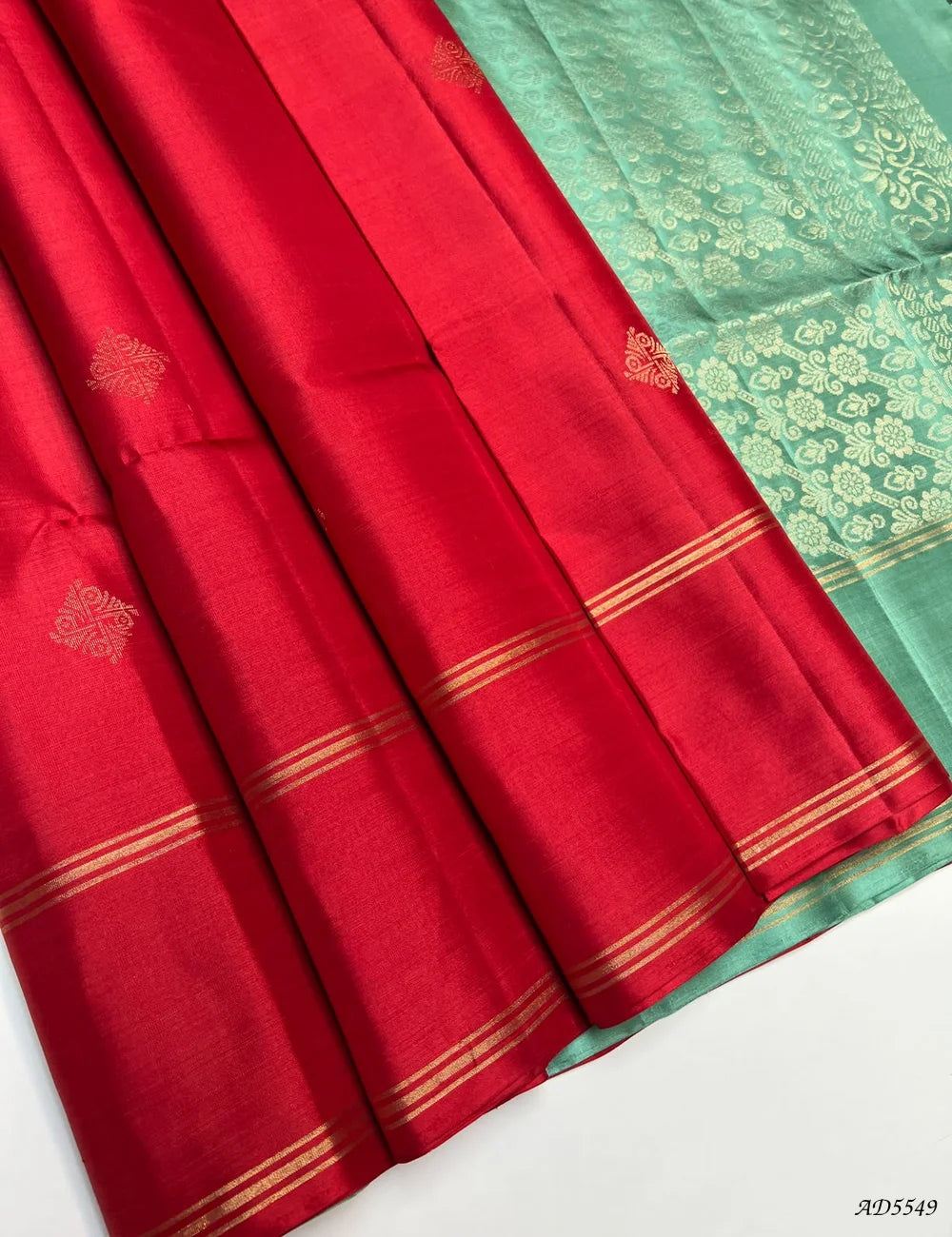 Red & Pastel Mint Green - Soft Silk Saree Front View