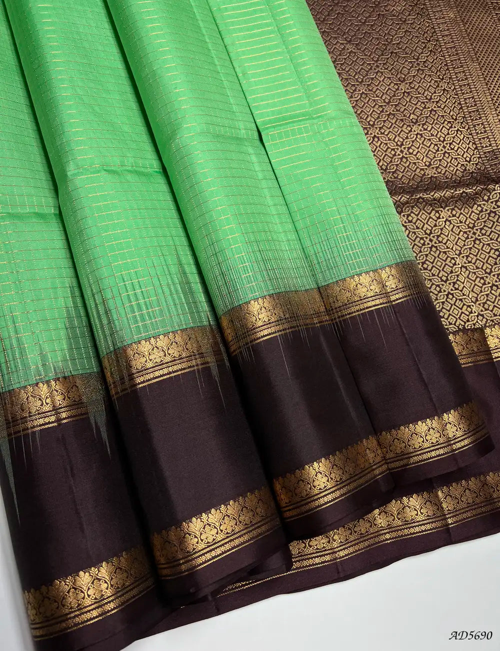 Rexona & Coffee Brown -  Checkerd Retta Pet Border Soft Silk Saree Front View