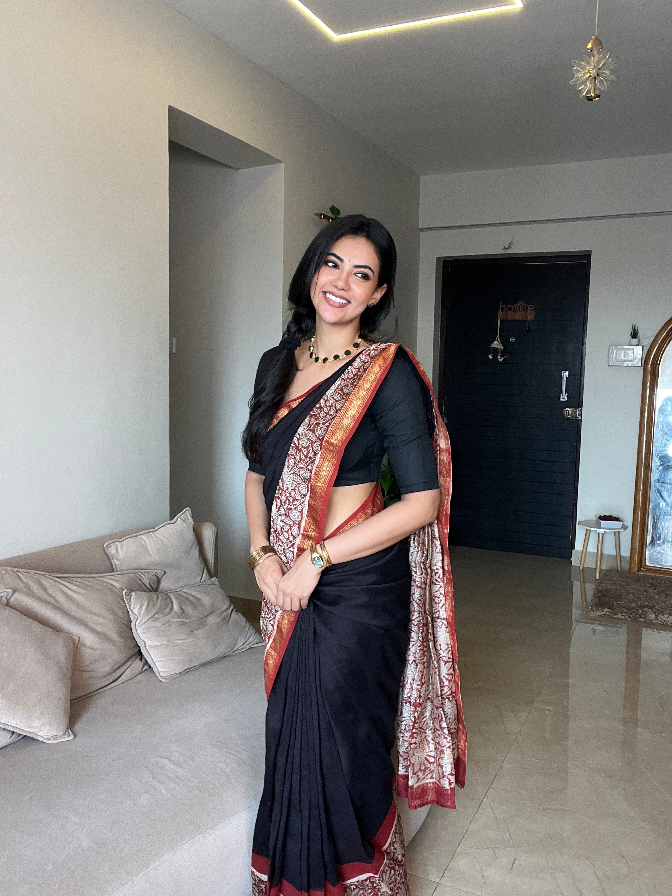Black - Maheshwari Silk Cotton Saree