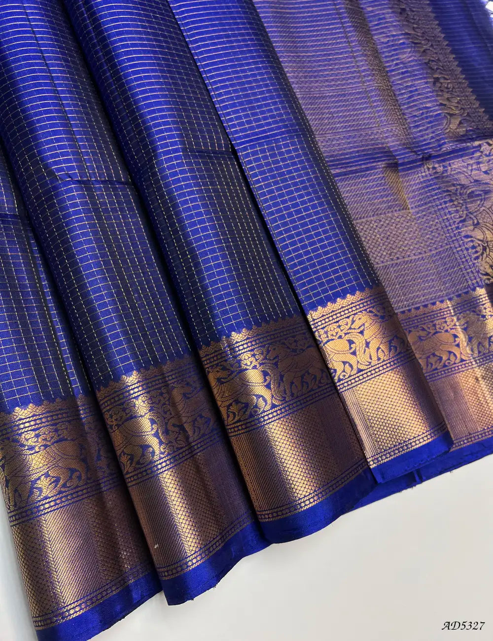 Royal Blue - Checkerd Kanchi Border Soft Silk Saree Front View