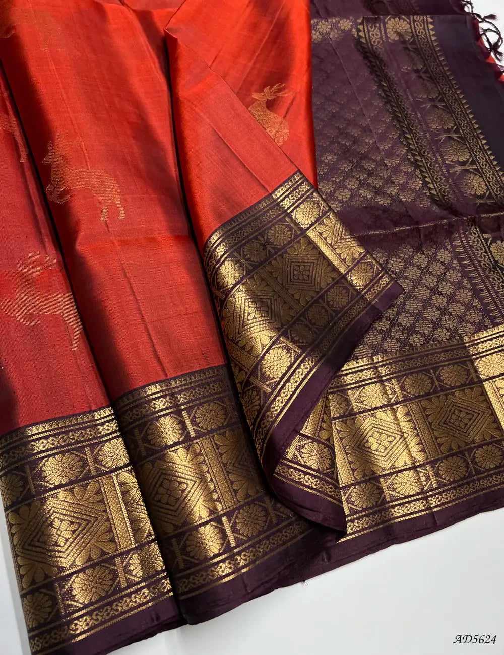Rust & Coffee Brown - Kanchi Border Soft Silk Saree Front View