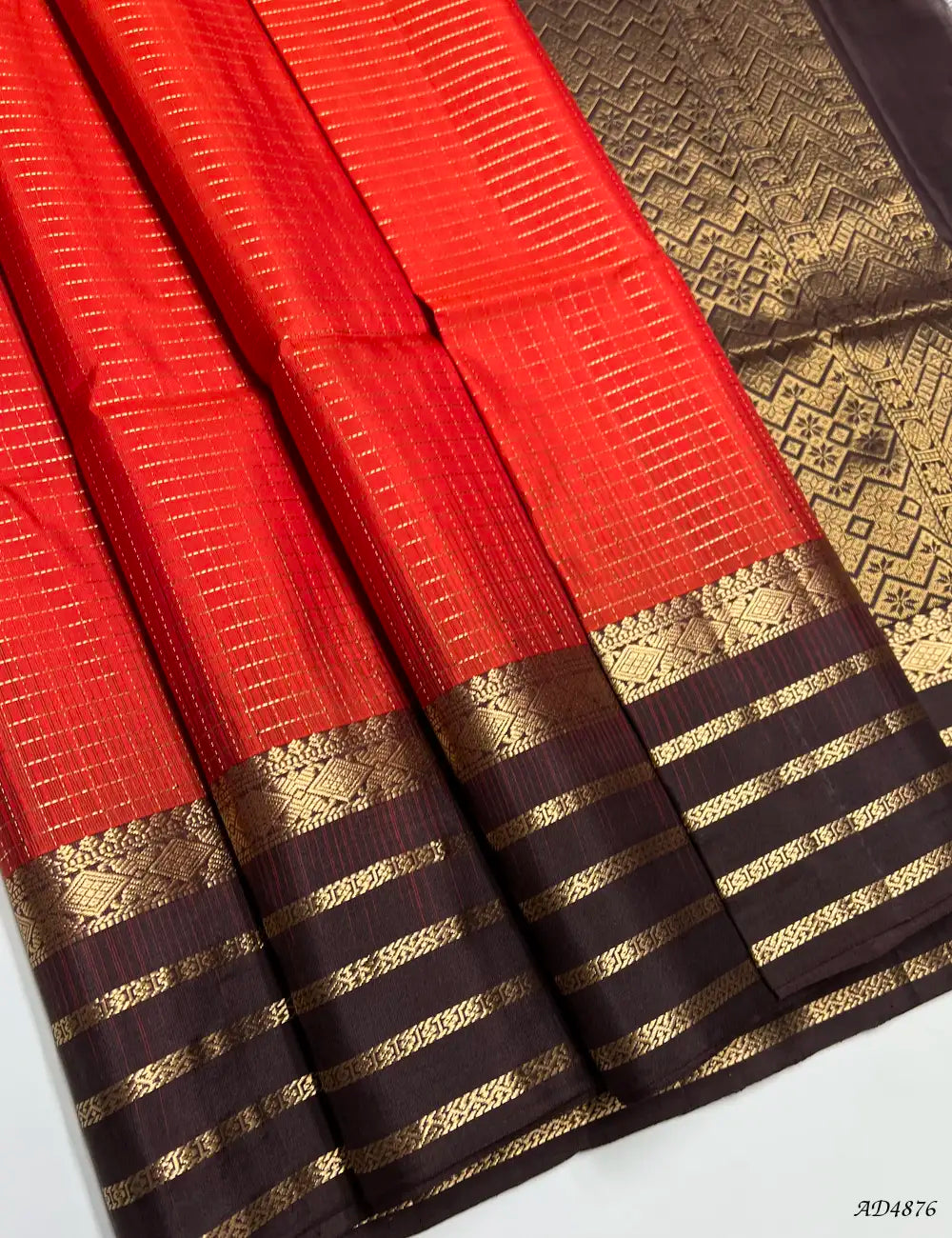 Rust Orange & Coffee Brown - Retta Pet Border Saree Front View