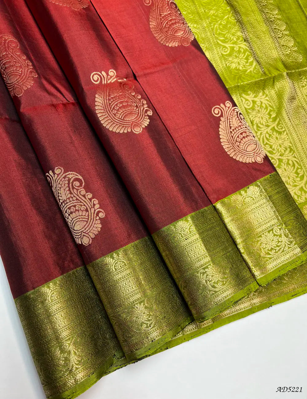 Rust & Parrot Green - Kanchi Border Soft Silk Saree Front View
