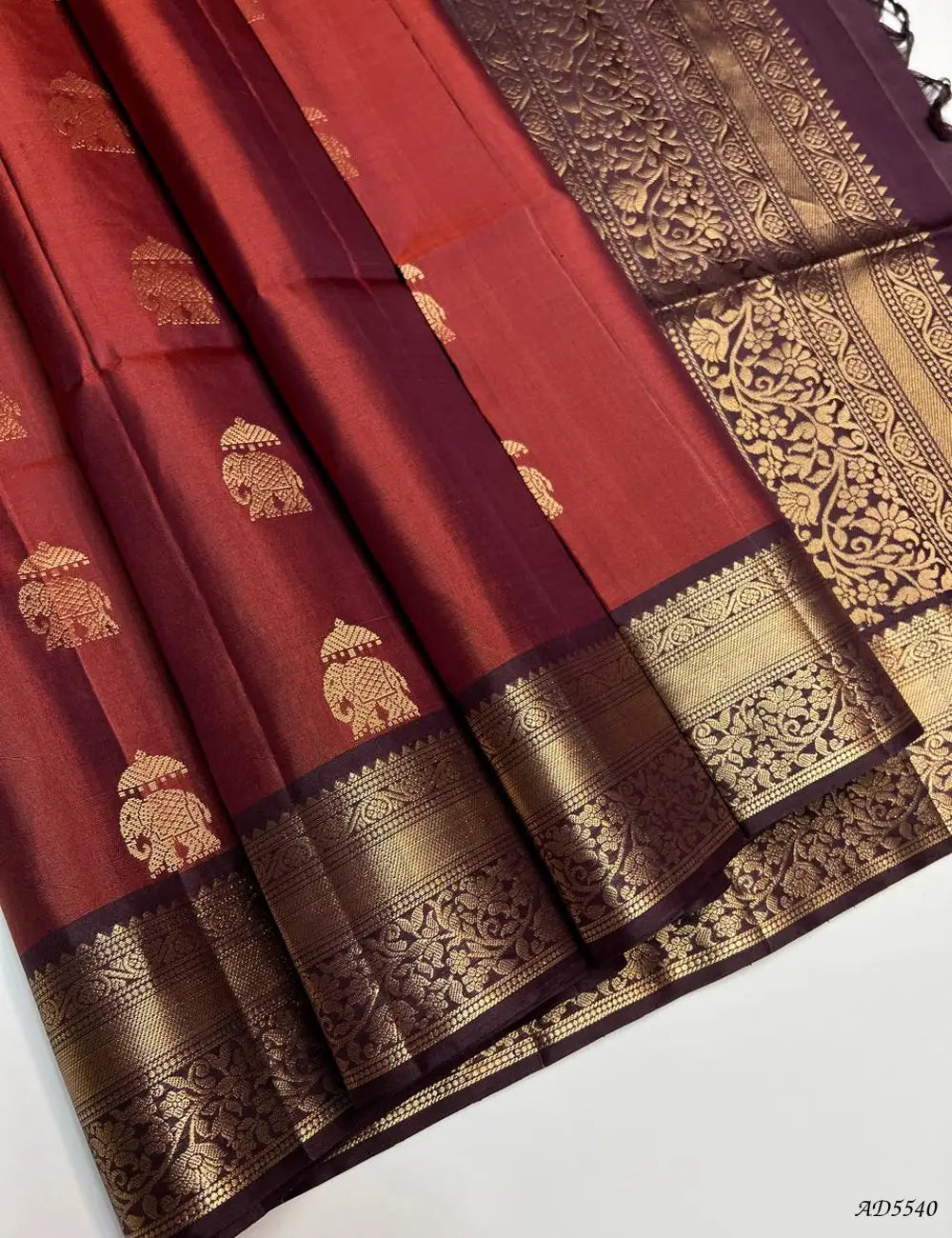 Rustic Maroon & Coffee Brown - Kanchi Border Soft Silk Saree Front View