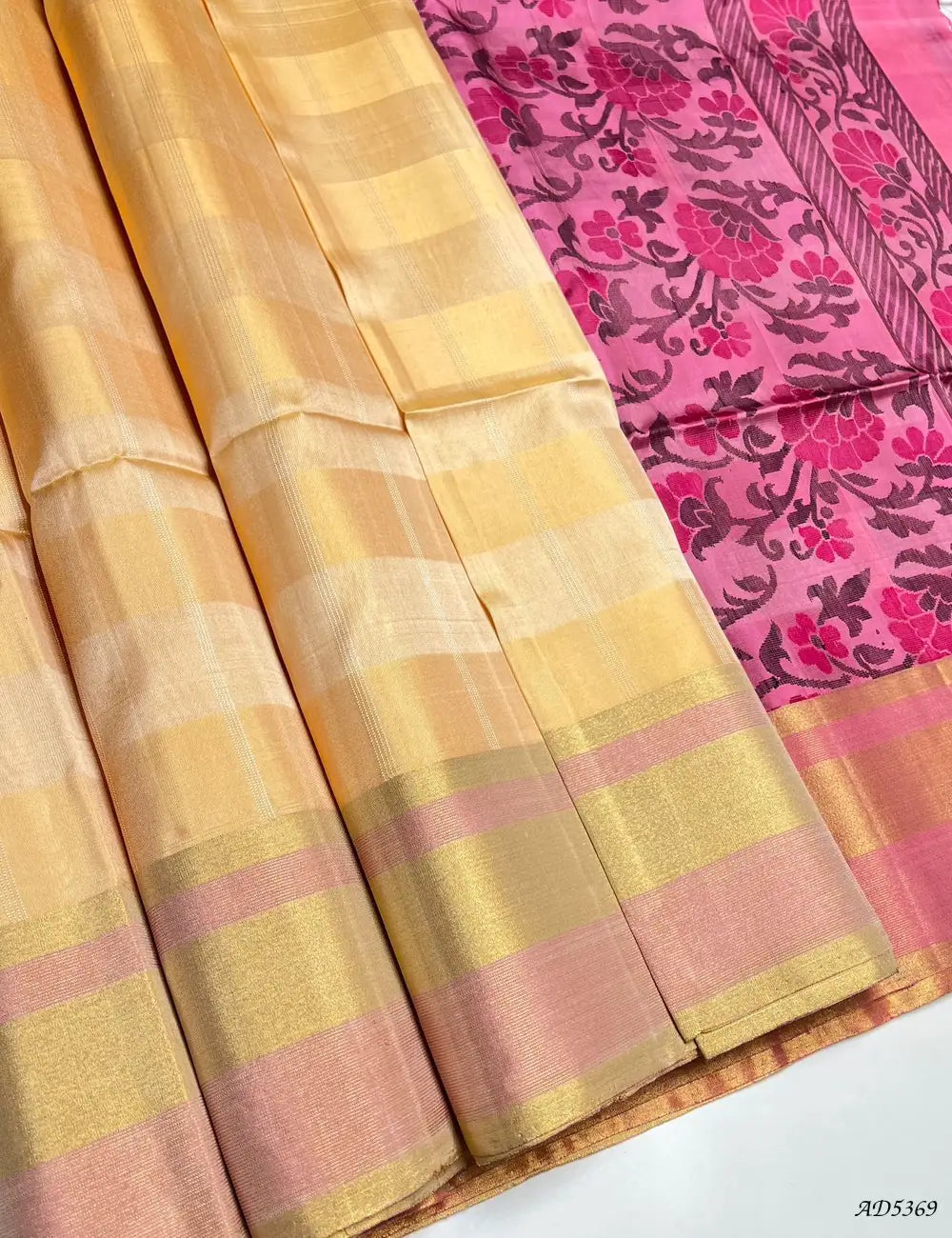 Sandal & Baby Pink - Checkered Soft Silk Saree Front View