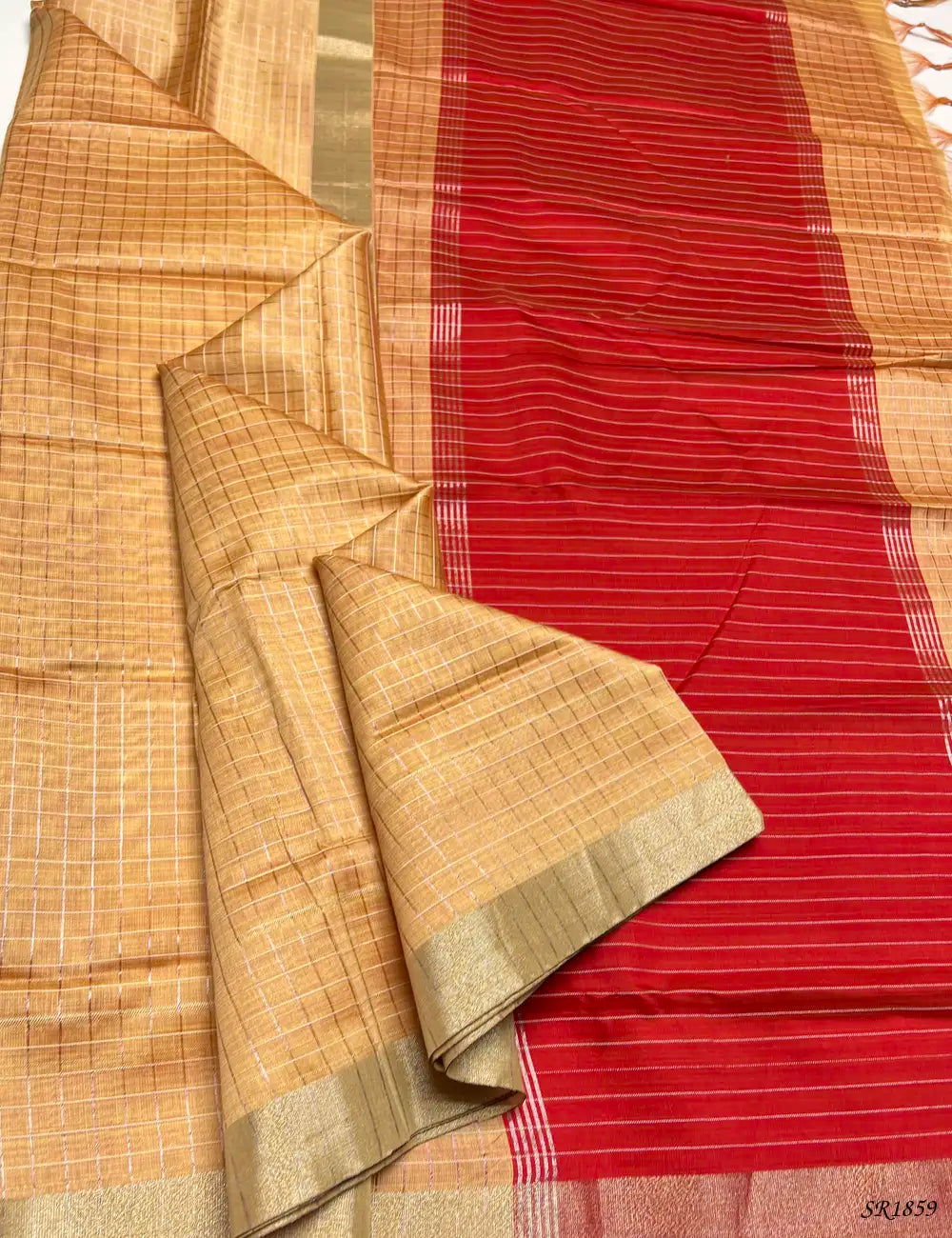 Sandal & Red - Fancy Semi Tussar Saree Front View