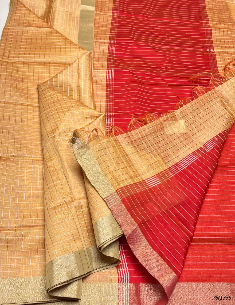 Sandal & Red - Fancy Semi Tussar Saree Pallu View