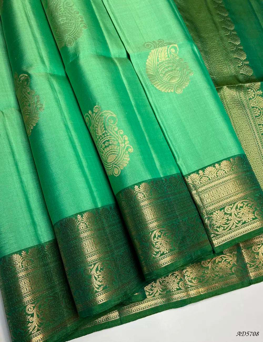 Seafoam Green & Green - Kanchi Border Soft Silk Saree Front View