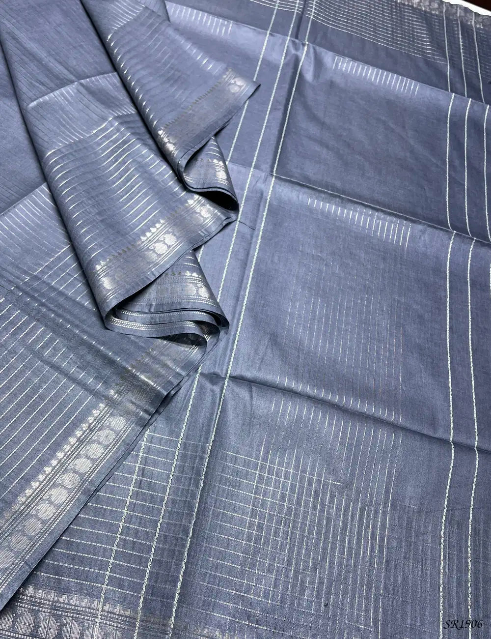 Slate Grey - Moonga Silk Saree Front View