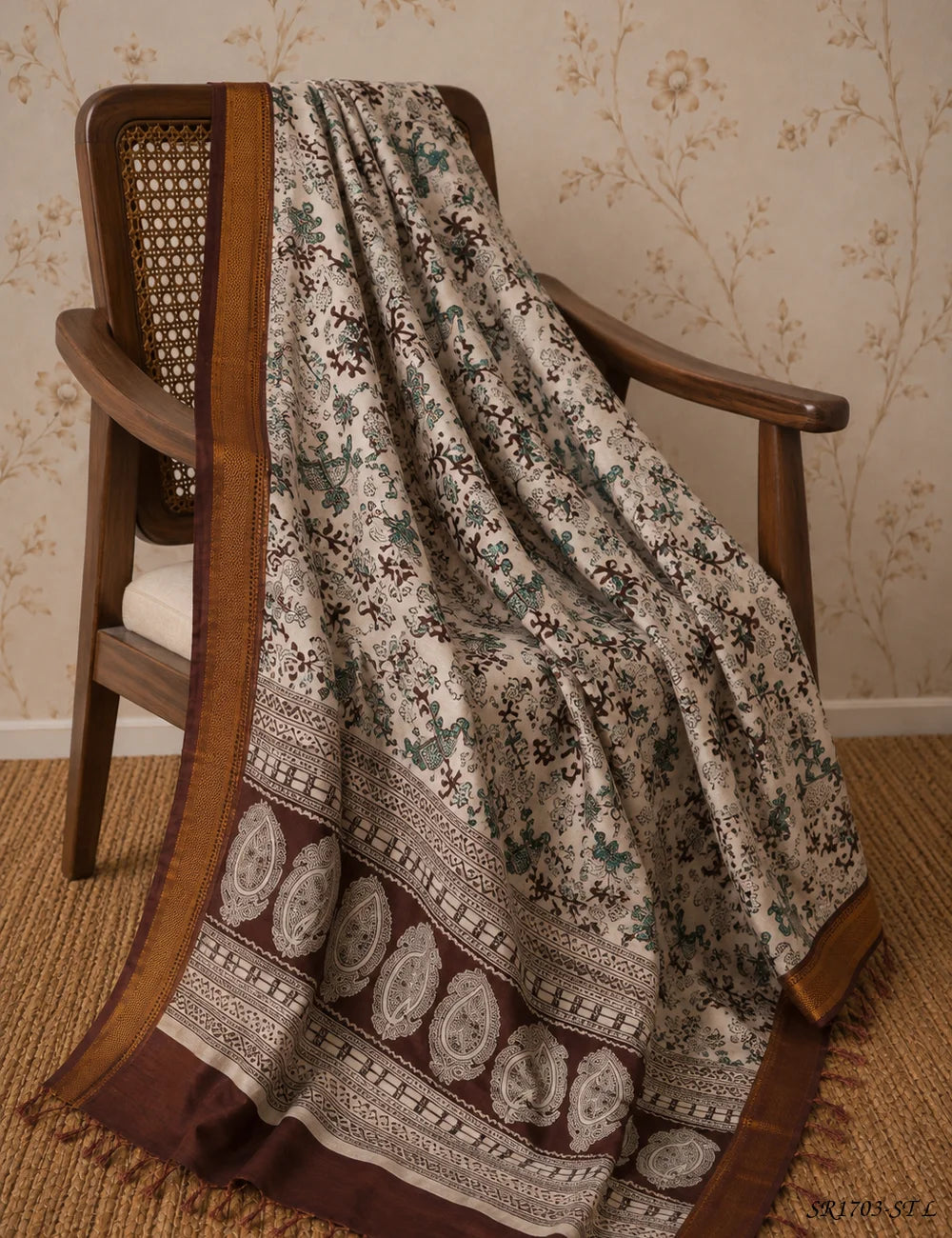 SR1703 (Coffee Brown - Raw Silk X KalamKari Stiched Suit 3 Pc Set) Front View