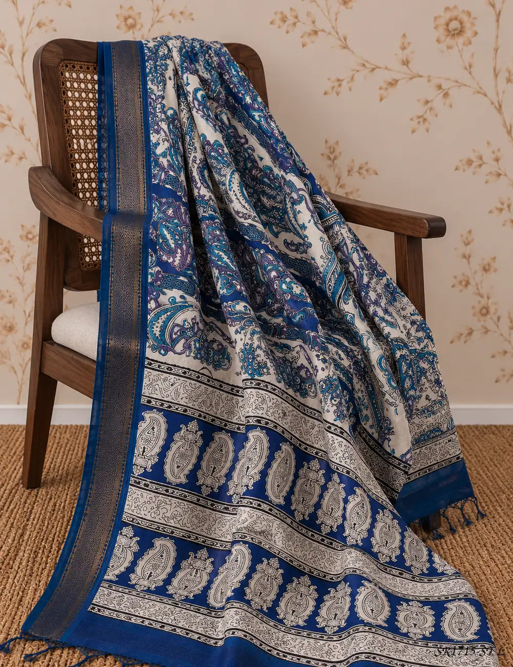 SR1715 (Royal Blue - Raw Silk X KalamKari Stiched Suit 3 Pc Set) L Front View