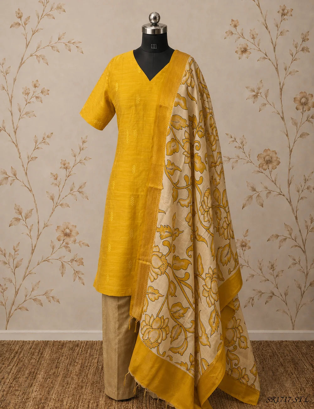 SR1717 (Yellow - Raw Silk X KalamKari Unstiched Suit 3 Pc Set) -
