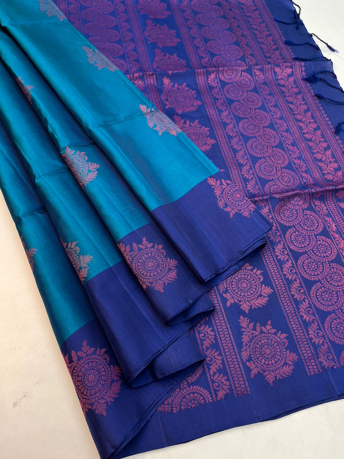 Teal  Blue  & Navy Blue - Soft Silk Saree
