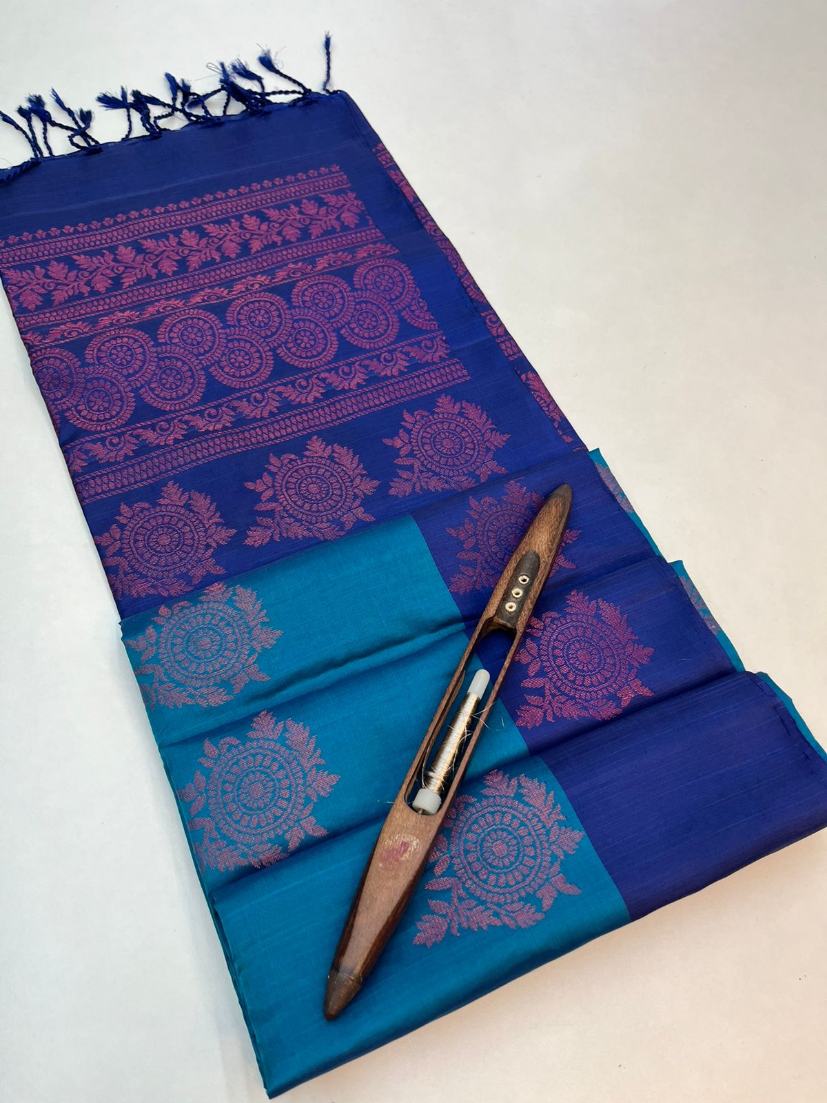 Teal  Blue  & Navy Blue - Soft Silk Saree