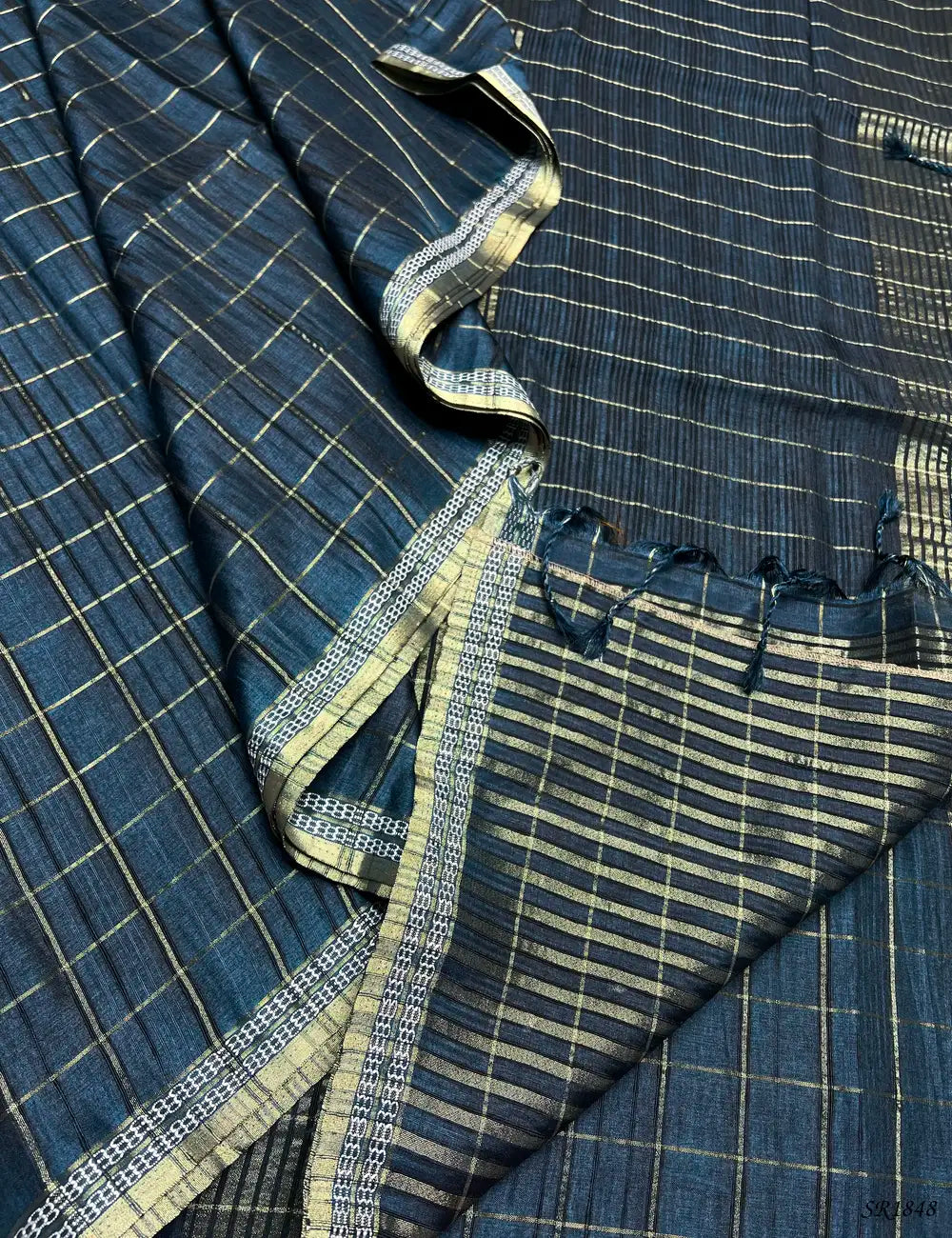 Teal - Checks Tussar Silk Saree -