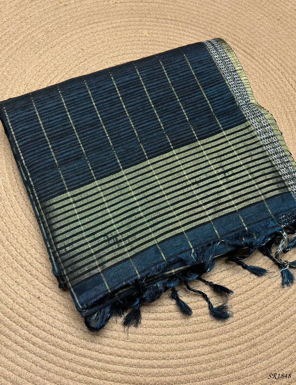Teal - Checks Tussar Silk Saree Front View