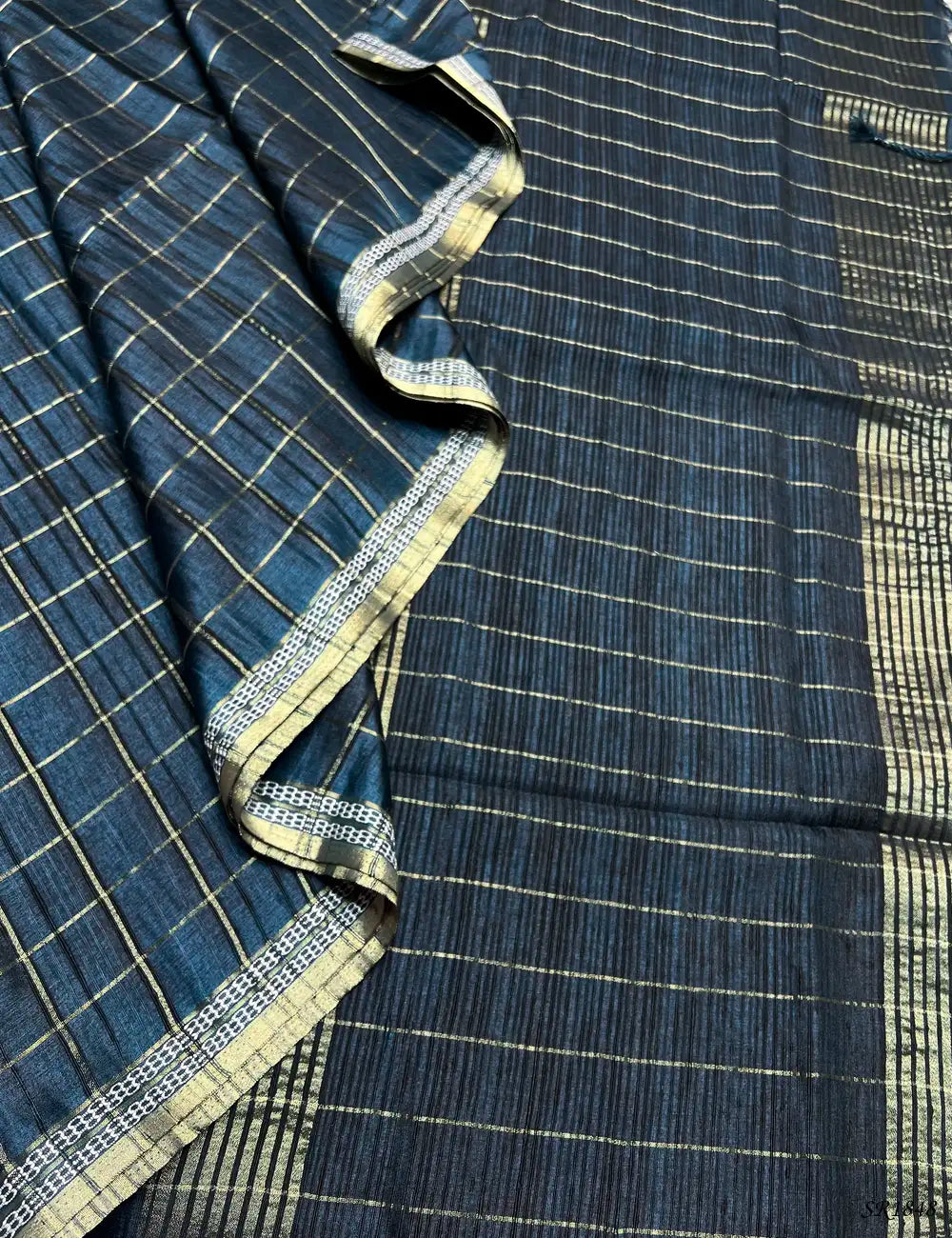 Teal - Checks Tussar Silk Saree Pallu View