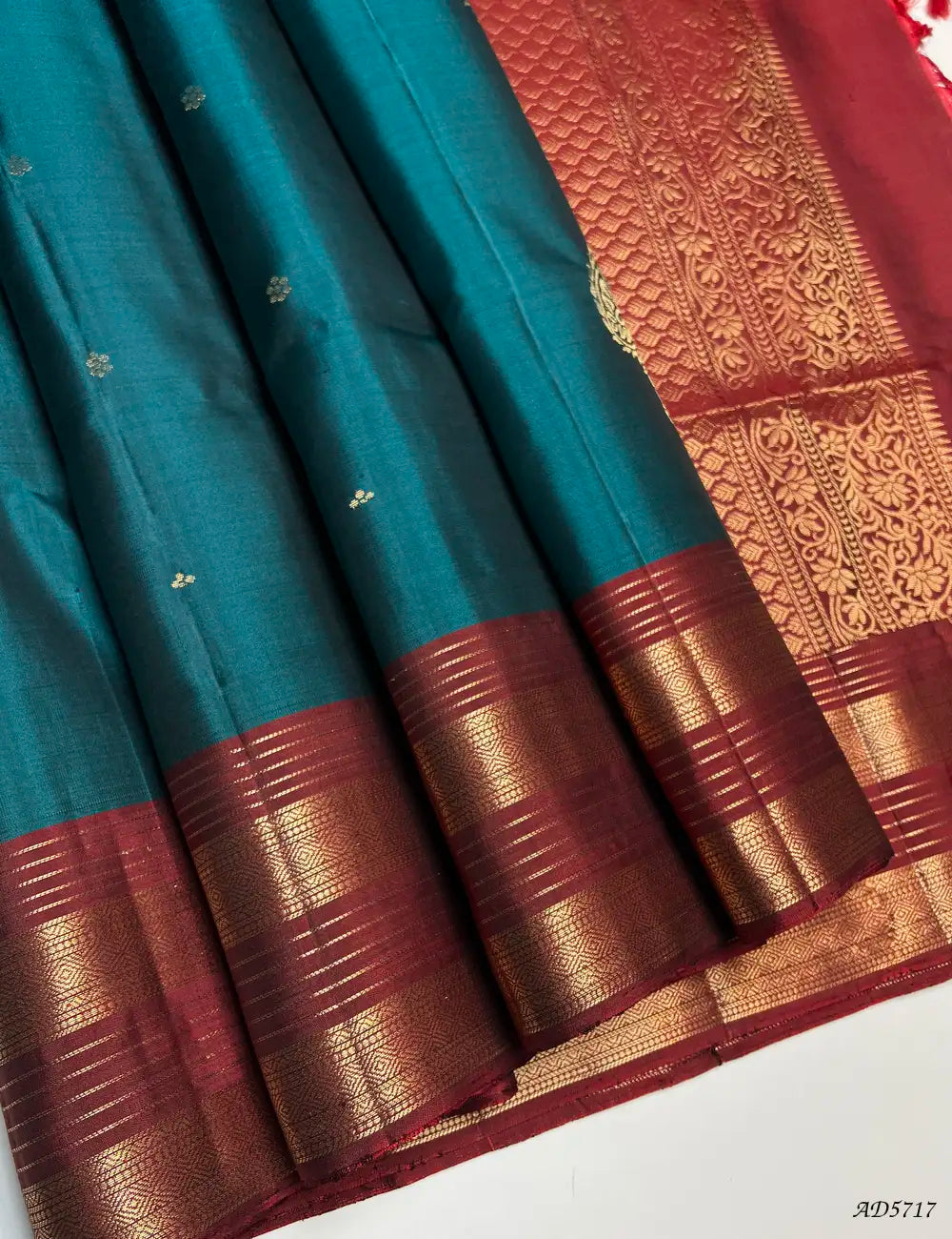 Teal & Maroon - Kanchi Border Soft Silk Saree Front View