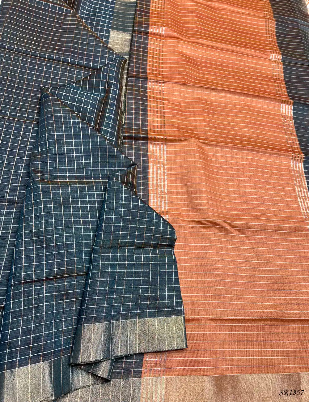 Teal & Peach - Fancy Semi Tussar Saree Front View