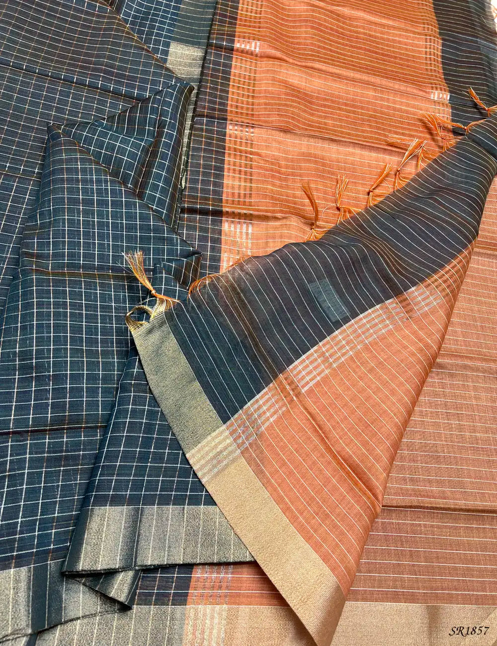Teal & Peach - Fancy Semi Tussar Saree Pallu View