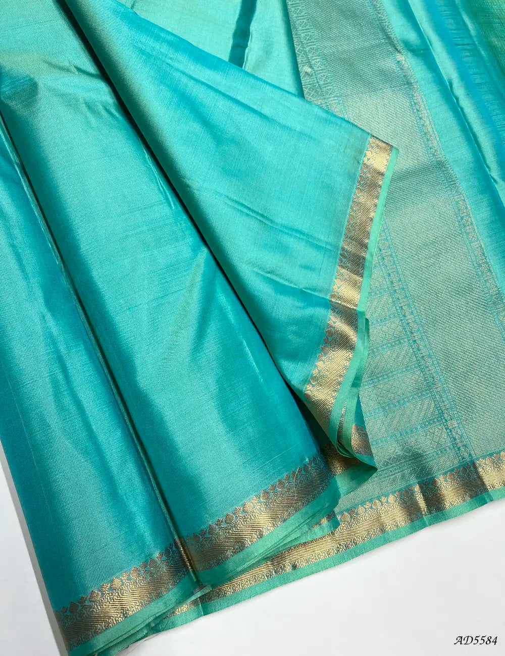 Turquoise - Plain Kanchi Border Soft Silk Saree Front View