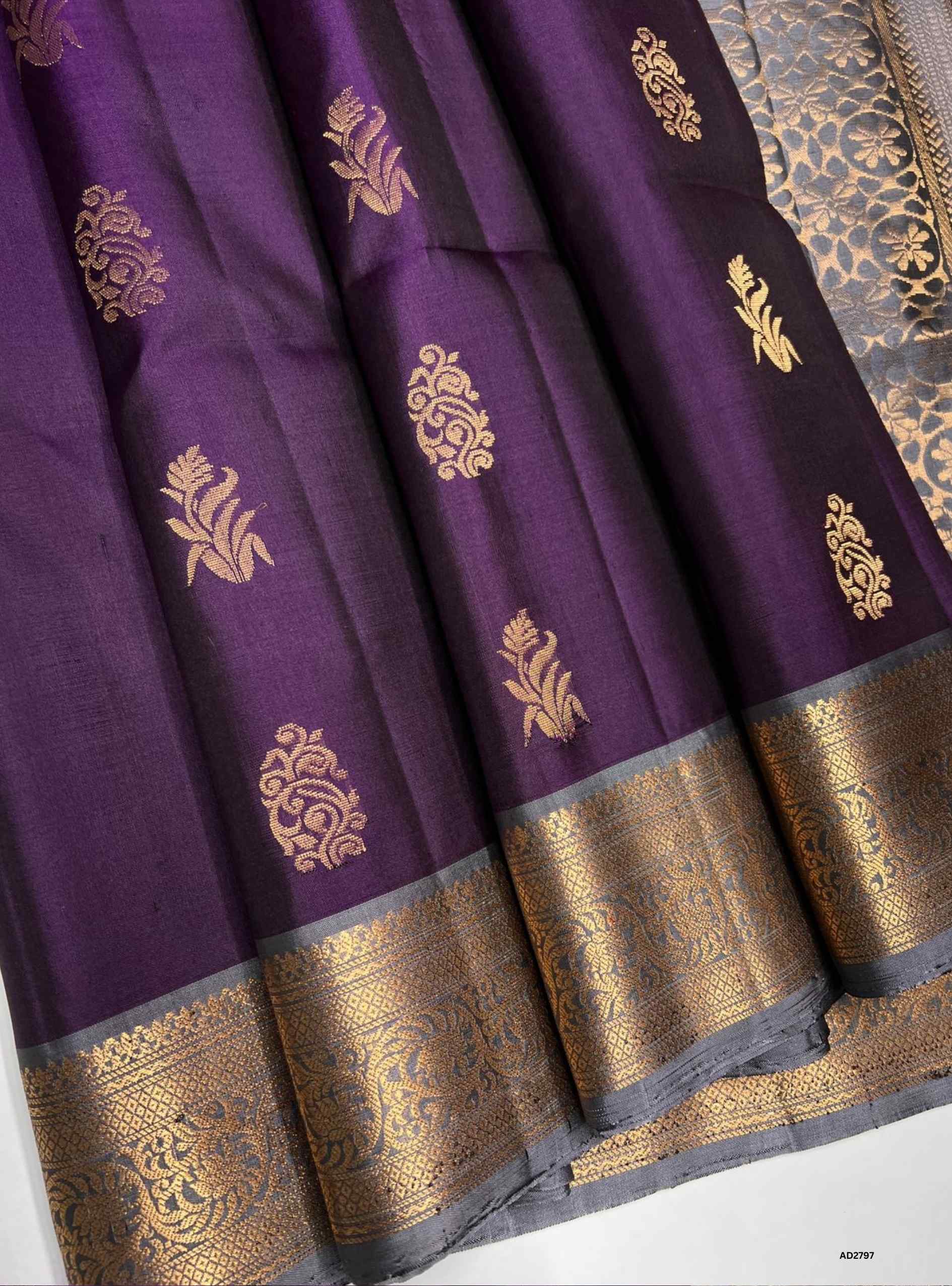 Soft Silk Saree in Violet body with Bluish Grey pallu, Jacquard border design, Half Fine Gold Zari, Ikat handwoven motifs, 6.25m length including blouse.