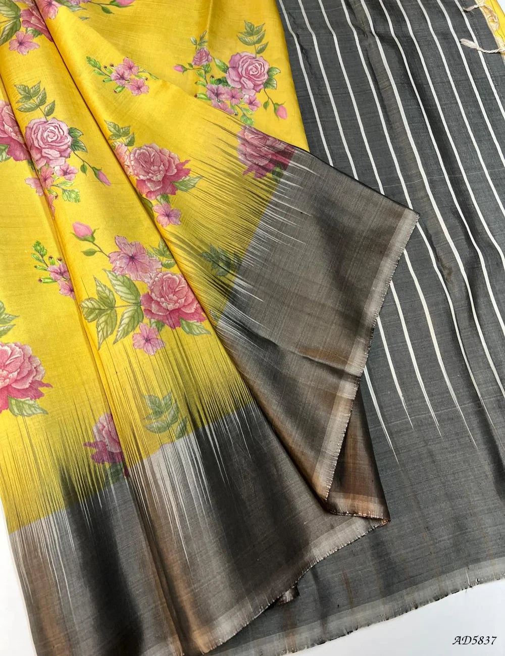 Yellow & Grey - Printed Soft Silk Saree Front View
