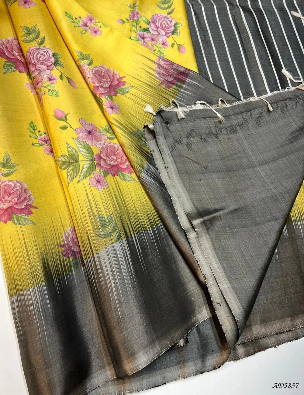 Yellow & Grey - Printed Soft Silk Saree Pallu View