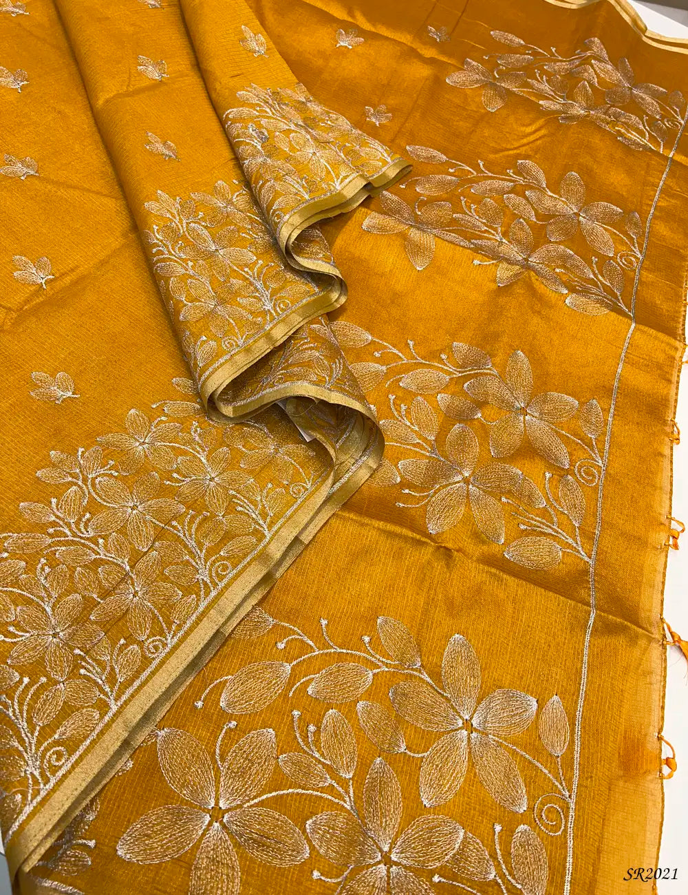Yellow - Kota With Embroidery Saree Pallu View