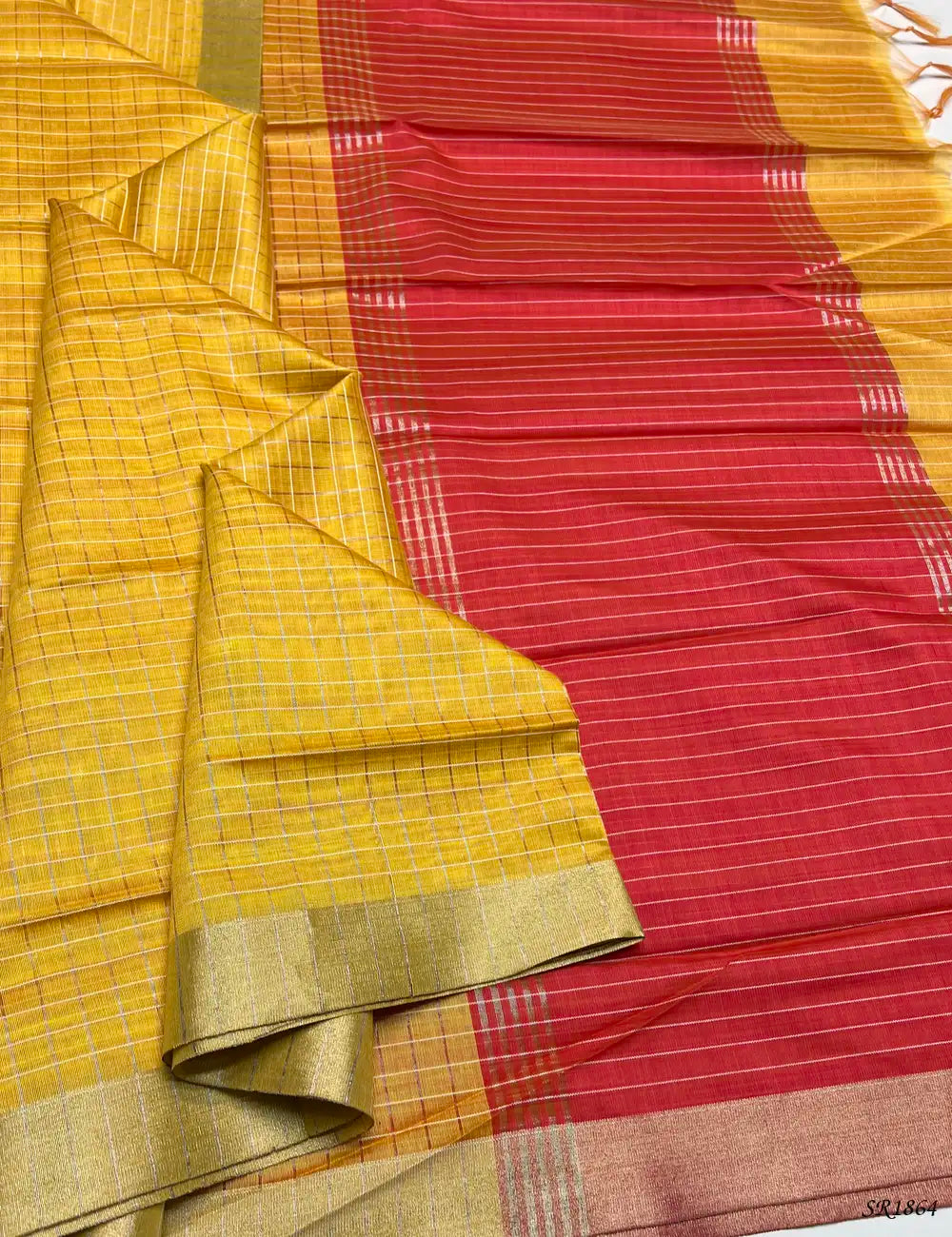 Yellow & Pink - Fancy Semi Tussar Saree Front View