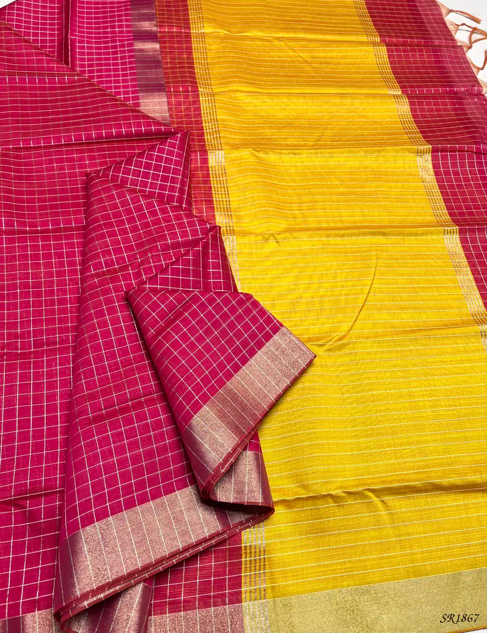 Yellow & Pink - Fancy Semi Tussar Saree Front View